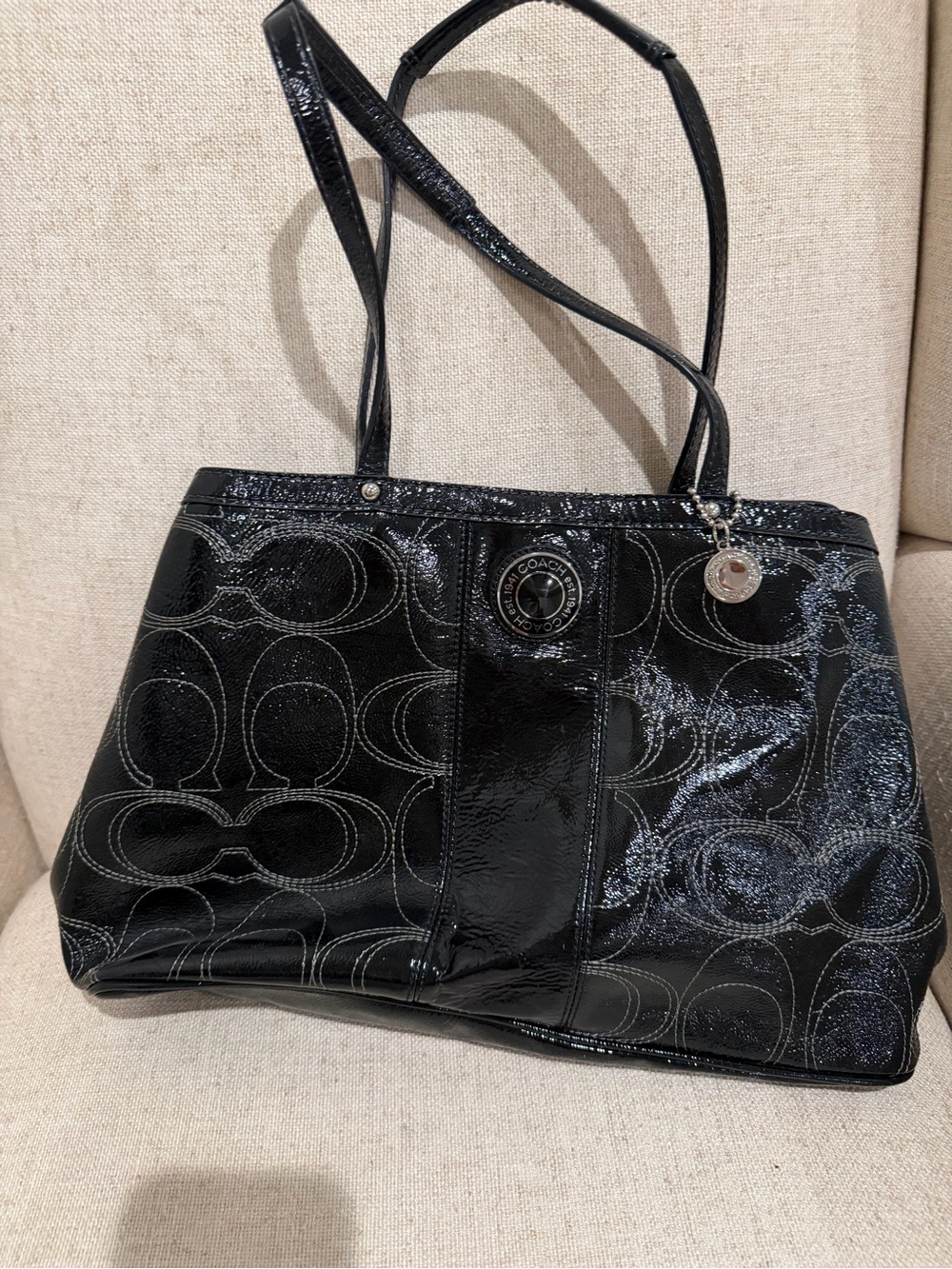 Coach Black Patent Leather Signature Shoulder Tote